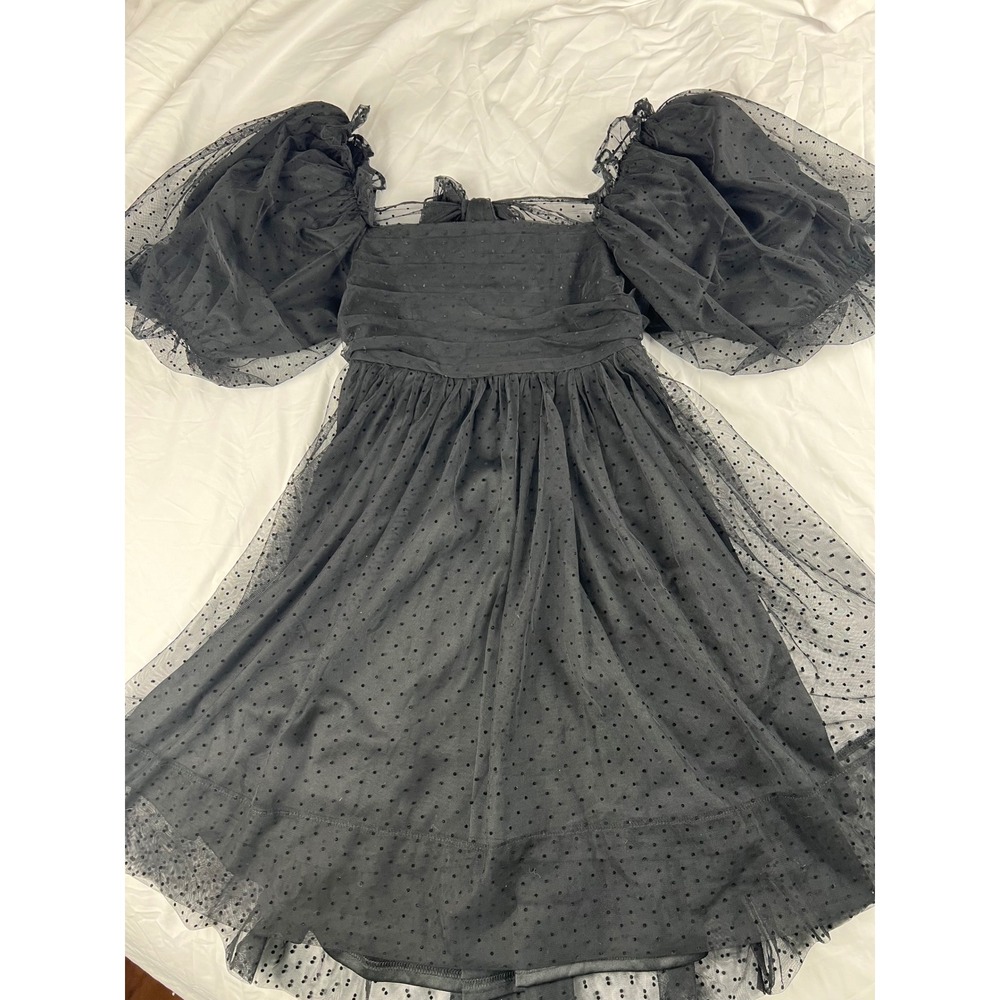 Mable Black Polka Dot Tulle Puff Sleeve Square Neck Dress Size S